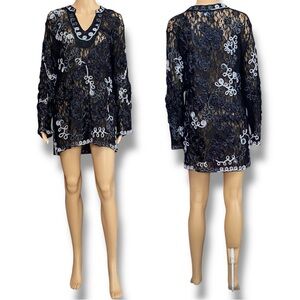 Once Again Black Lace Top with Silver Metallic Appliqué